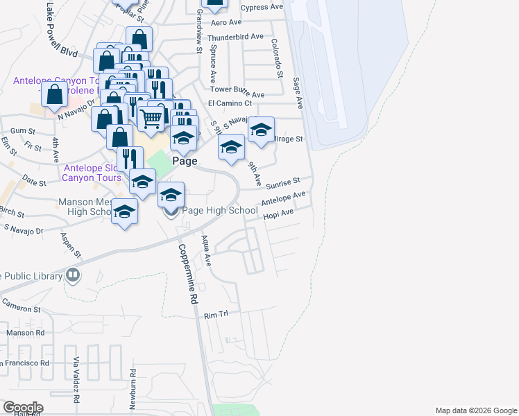 map of restaurants, bars, coffee shops, grocery stores, and more near 101 Antelope Avenue in Page