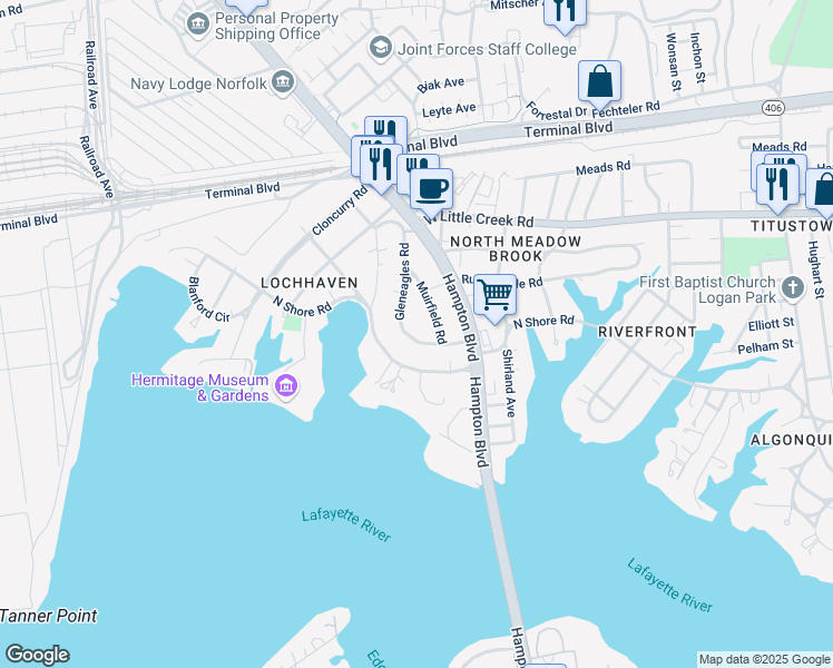 map of restaurants, bars, coffee shops, grocery stores, and more near 7420 Gleneagles Road in Norfolk
