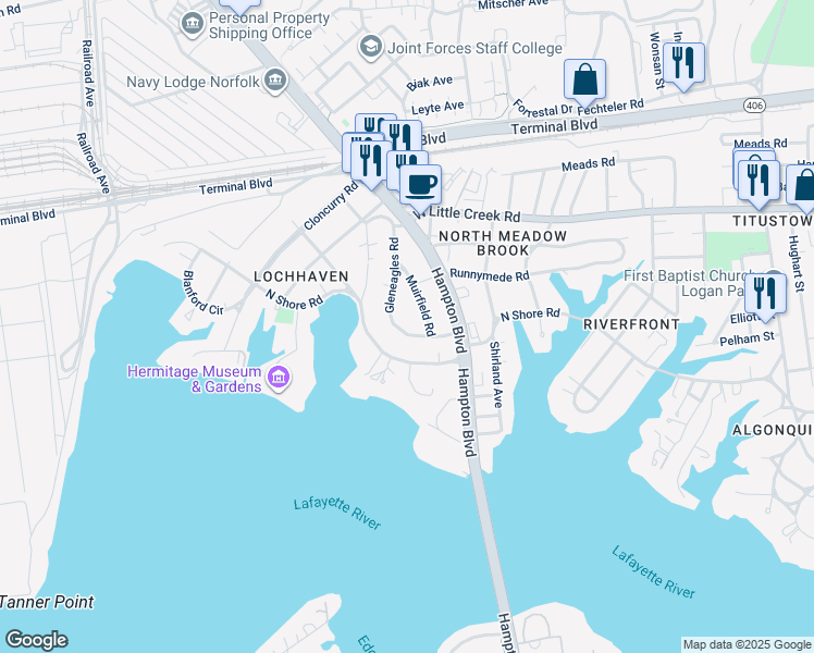 map of restaurants, bars, coffee shops, grocery stores, and more near 7420 Gleneagles Road in Norfolk