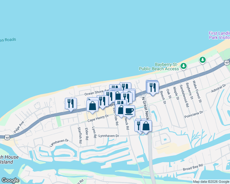 map of restaurants, bars, coffee shops, grocery stores, and more near 2303 Sandollar Court in Virginia Beach