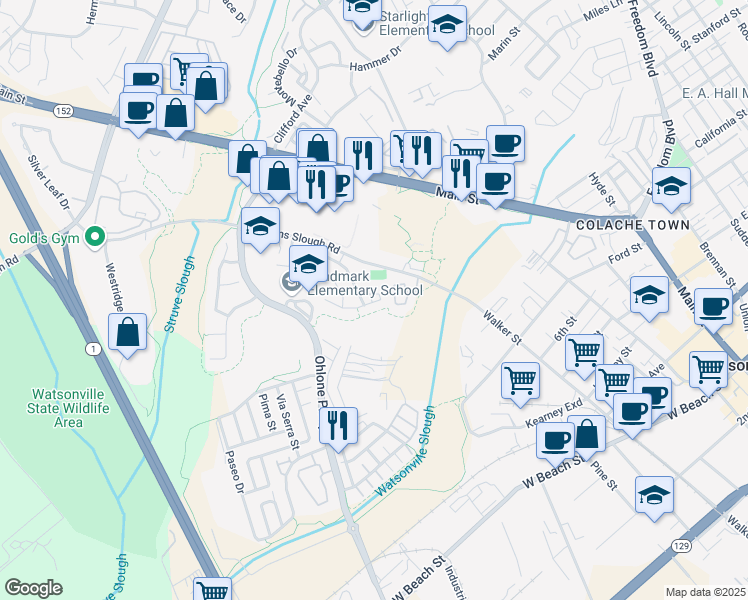 map of restaurants, bars, coffee shops, grocery stores, and more near 409 Annie Drive in Watsonville
