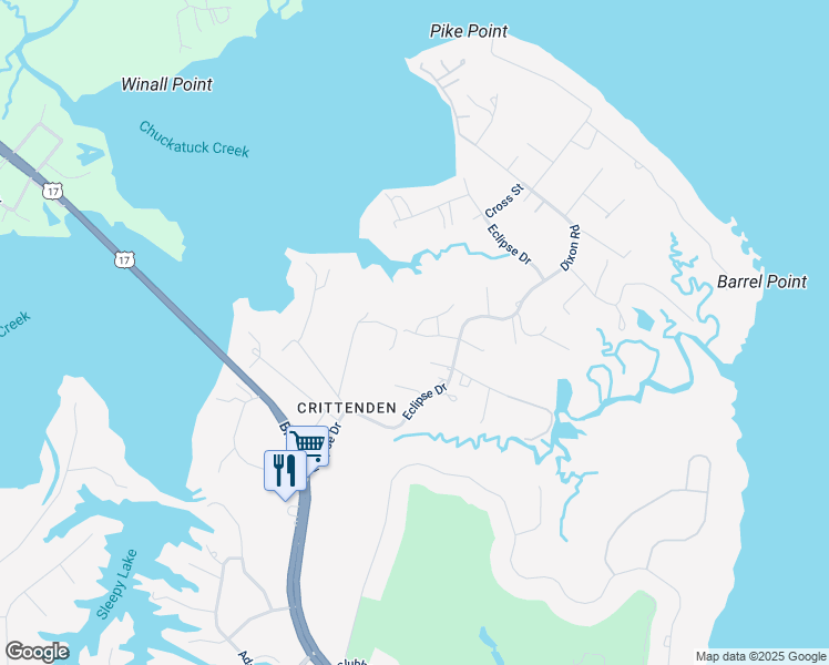 map of restaurants, bars, coffee shops, grocery stores, and more near 120 Woodfern Lane in Suffolk