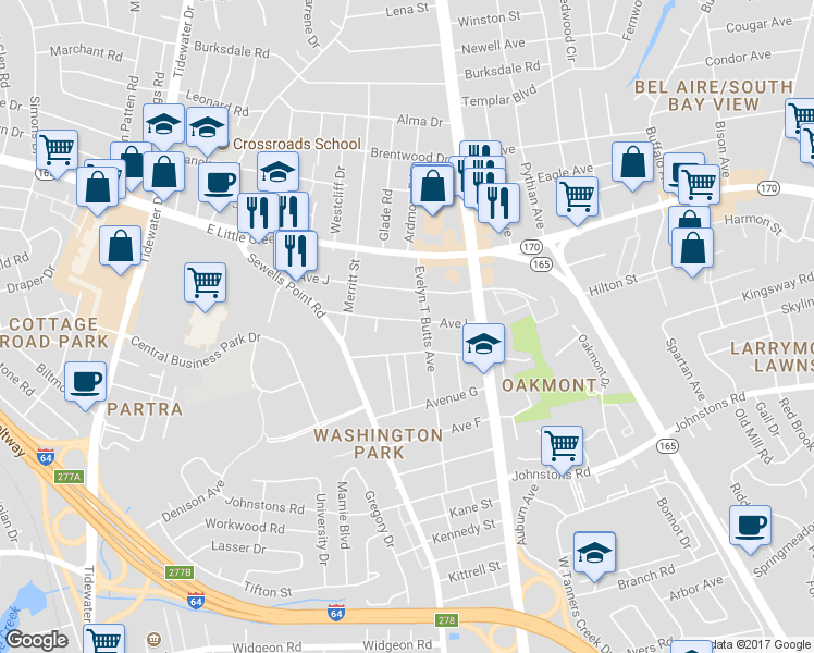 map of restaurants, bars, coffee shops, grocery stores, and more near 935 Avenue I in Norfolk