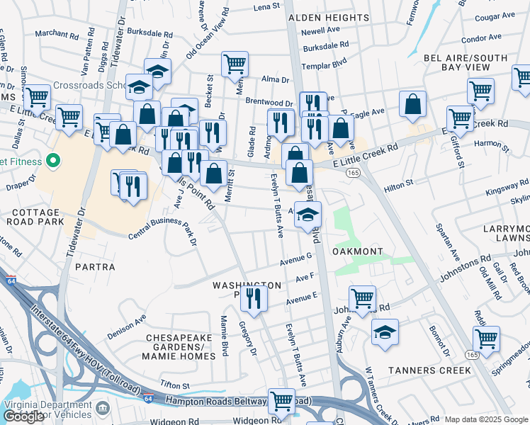 map of restaurants, bars, coffee shops, grocery stores, and more near 935 Avenue I in Norfolk