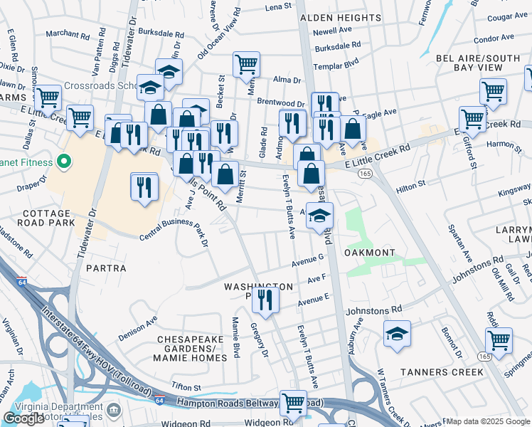 map of restaurants, bars, coffee shops, grocery stores, and more near 923 Avenue I in Norfolk