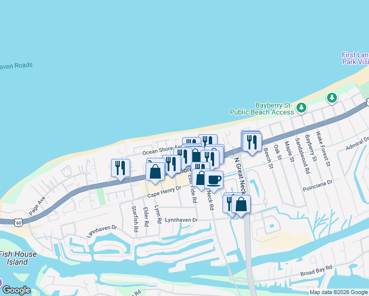 map of restaurants, bars, coffee shops, grocery stores, and more near 2904 Odin Place in Virginia Beach