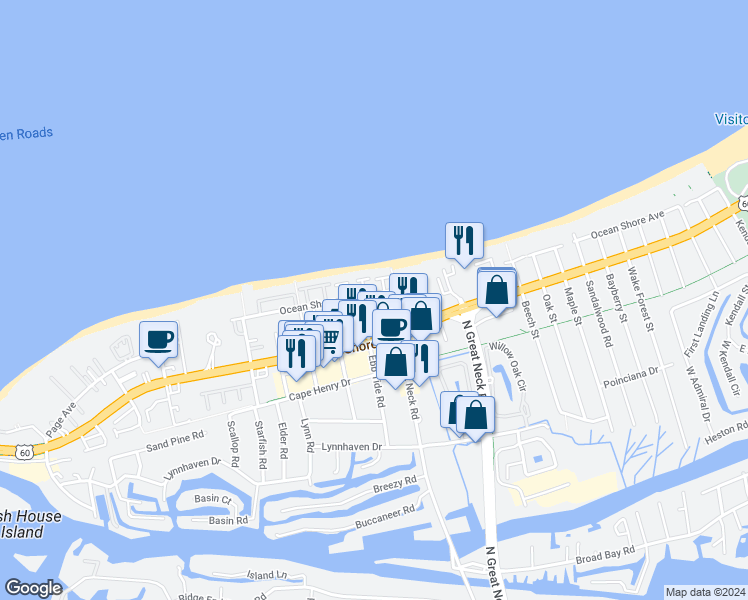 map of restaurants, bars, coffee shops, grocery stores, and more near 2322 Sandollar Court in Virginia Beach