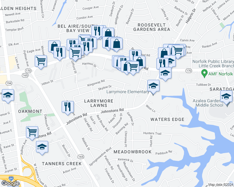 map of restaurants, bars, coffee shops, grocery stores, and more near 7432 Adele Drive in Norfolk