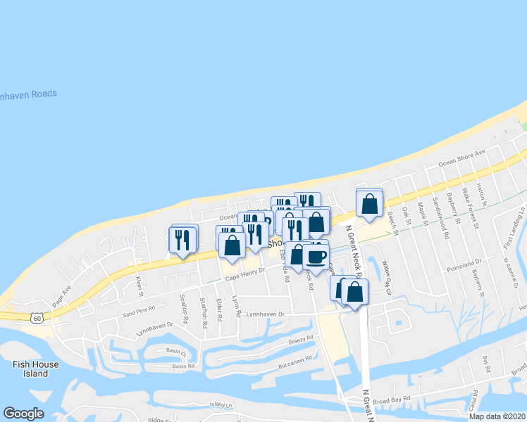 map of restaurants, bars, coffee shops, grocery stores, and more near 2307 Riptide Court in Virginia Beach