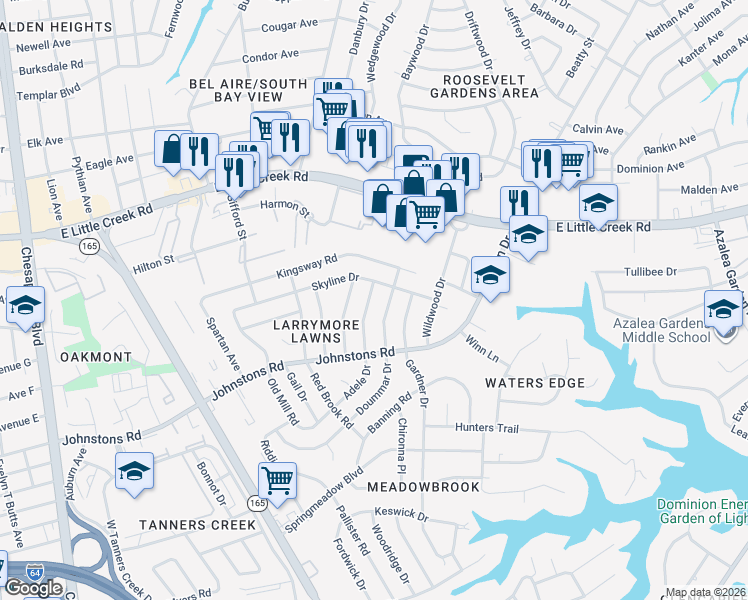 map of restaurants, bars, coffee shops, grocery stores, and more near 7432 Adele Drive in Norfolk