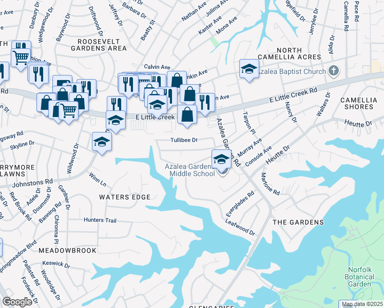 map of restaurants, bars, coffee shops, grocery stores, and more near 2443 Jasper Court in Norfolk