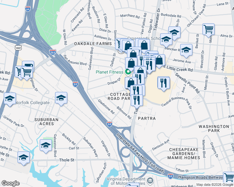 map of restaurants, bars, coffee shops, grocery stores, and more near 505 Astor Circle in Norfolk