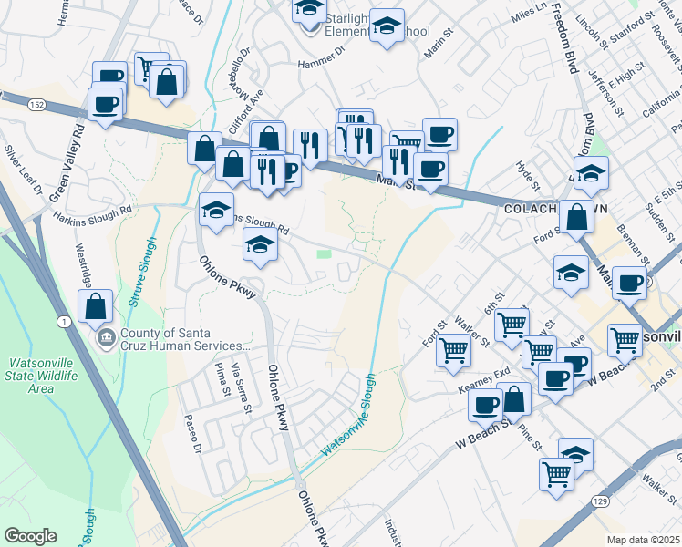 map of restaurants, bars, coffee shops, grocery stores, and more near 66 Blackbird Circle in Watsonville