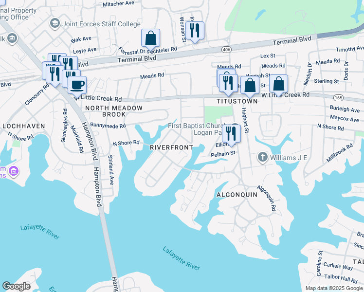 map of restaurants, bars, coffee shops, grocery stores, and more near 7429 Glenroie Avenue in Norfolk