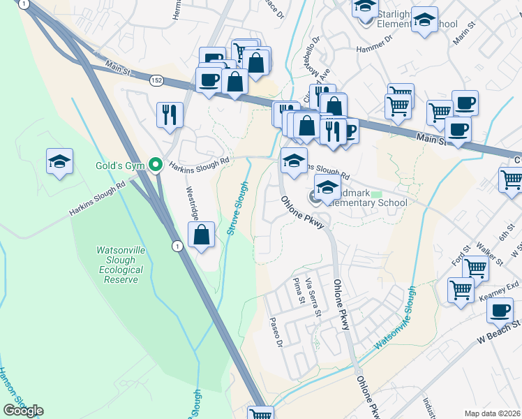 map of restaurants, bars, coffee shops, grocery stores, and more near 4 Pelican Drive in Watsonville