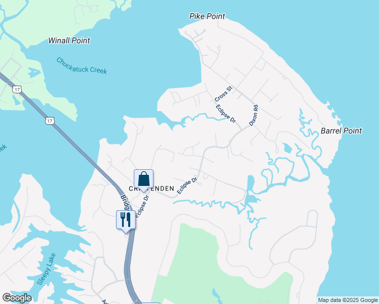 map of restaurants, bars, coffee shops, grocery stores, and more near 120 Woodfern Lane in Suffolk