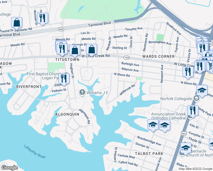 map of restaurants, bars, coffee shops, grocery stores, and more near 610 Barcliff Road in Norfolk