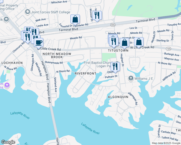 map of restaurants, bars, coffee shops, grocery stores, and more near 7429 Glenroie Avenue in Norfolk