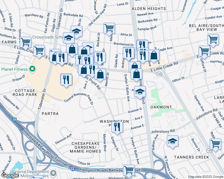 map of restaurants, bars, coffee shops, grocery stores, and more near 7517 Paulin Court in Norfolk