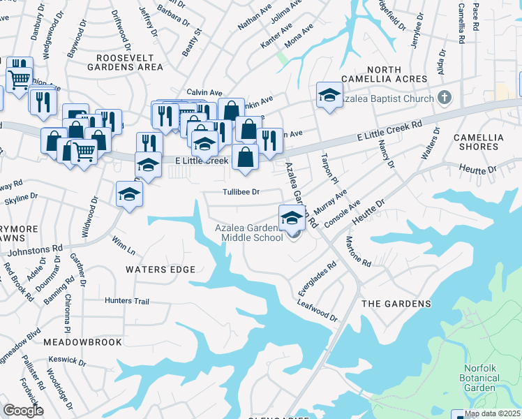 map of restaurants, bars, coffee shops, grocery stores, and more near 2465 Stribling Lane in Norfolk