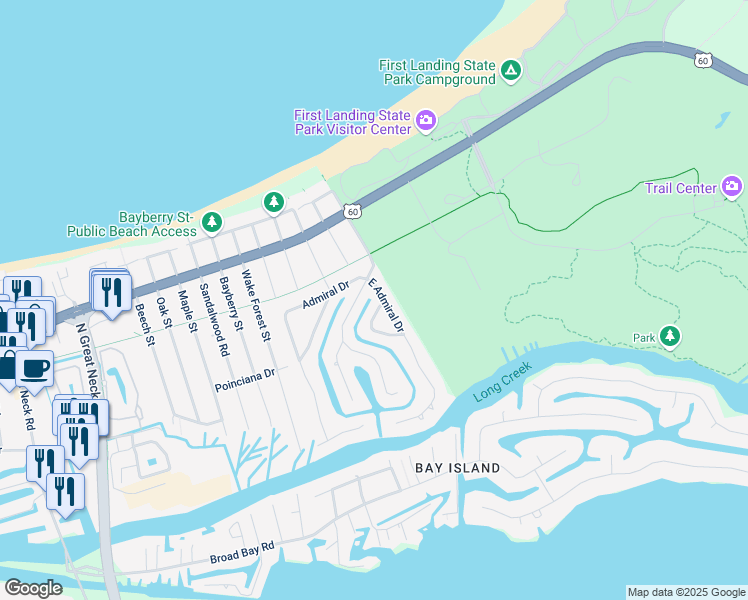 map of restaurants, bars, coffee shops, grocery stores, and more near 2221 East Admiral Drive in Virginia Beach