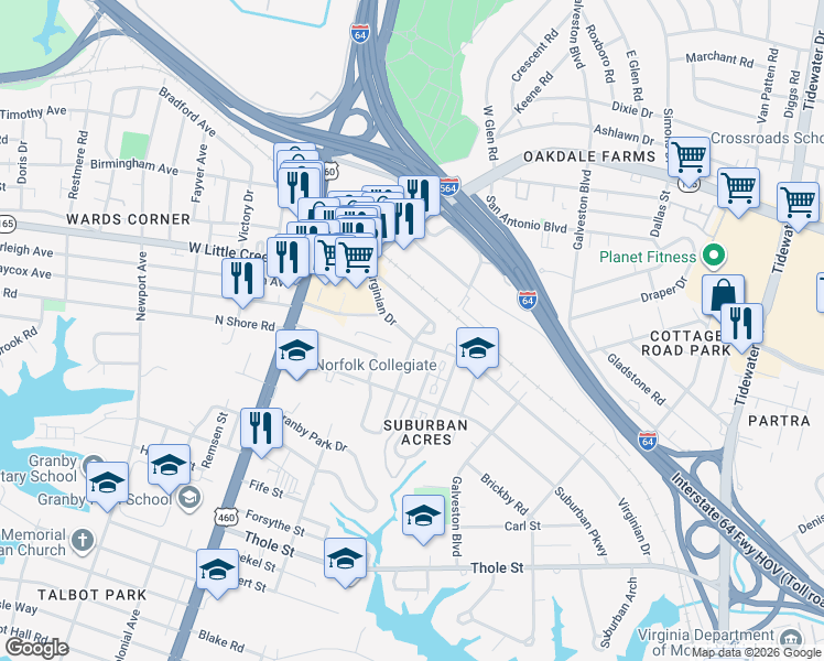 map of restaurants, bars, coffee shops, grocery stores, and more near 7520 Virginian Drive in Norfolk