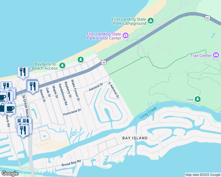 map of restaurants, bars, coffee shops, grocery stores, and more near 2221 East Admiral Drive in Virginia Beach