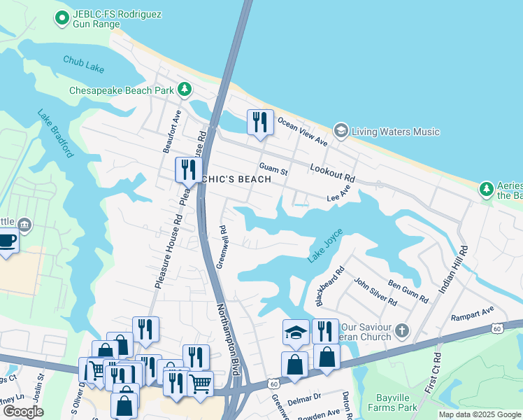 map of restaurants, bars, coffee shops, grocery stores, and more near 4512 Lake Drive in Virginia Beach