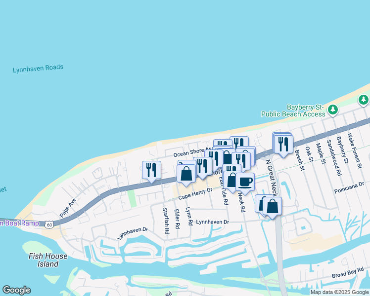 map of restaurants, bars, coffee shops, grocery stores, and more near 2428 Ocean Shore Crescent in Virginia Beach