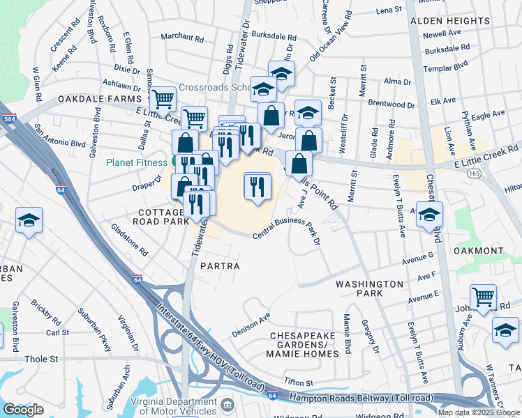 map of restaurants, bars, coffee shops, grocery stores, and more near 7496-7498 Central Business Park Drive in Norfolk