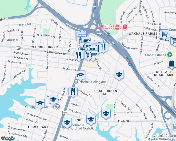 map of restaurants, bars, coffee shops, grocery stores, and more near 112 Cromwell Parkway in Norfolk
