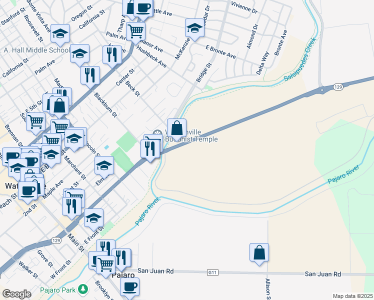 map of restaurants, bars, coffee shops, grocery stores, and more near 30 Riverside Road in Watsonville