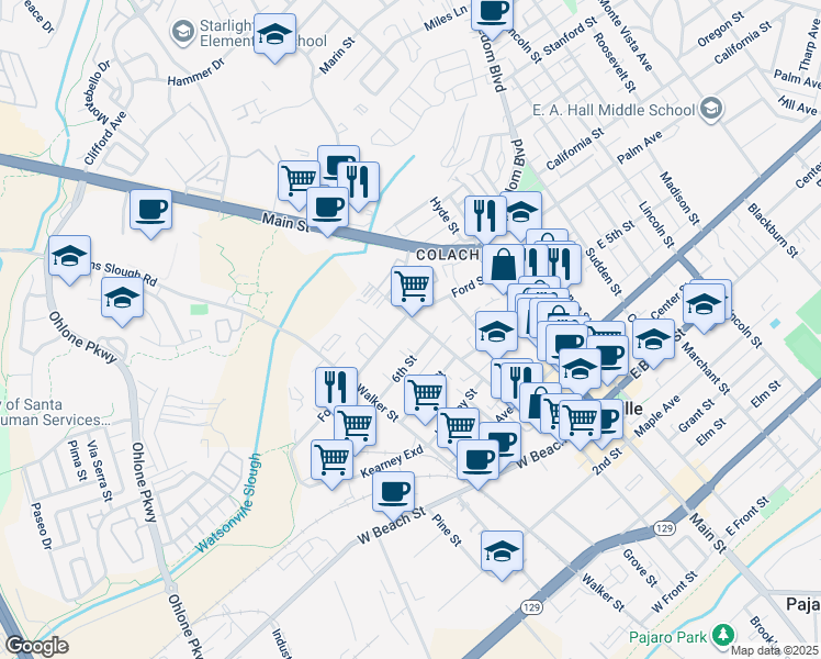 map of restaurants, bars, coffee shops, grocery stores, and more near 117 6th Street in Watsonville