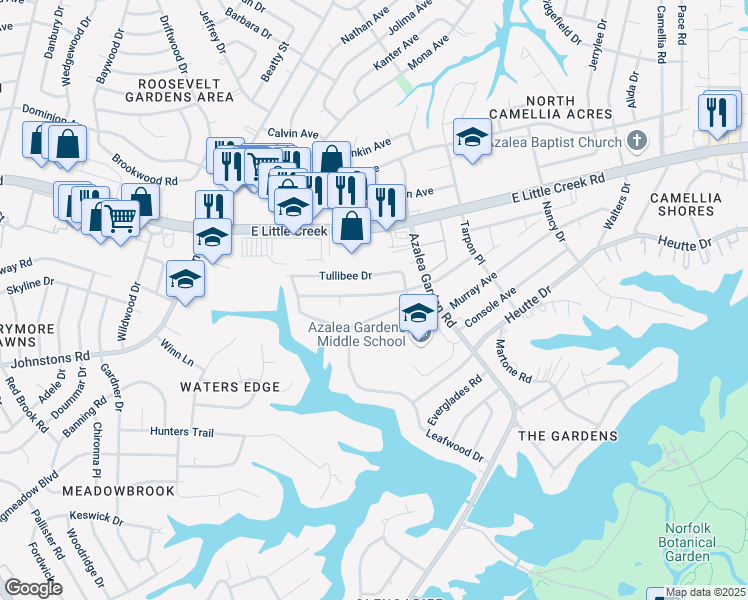 map of restaurants, bars, coffee shops, grocery stores, and more near 2465 Stribling Lane in Norfolk