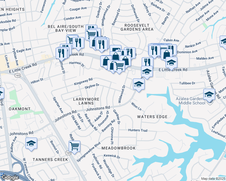 map of restaurants, bars, coffee shops, grocery stores, and more near 1761 Skyline Drive in Norfolk