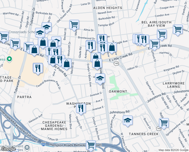 map of restaurants, bars, coffee shops, grocery stores, and more near 1018 Avenue H in Norfolk