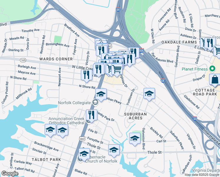 map of restaurants, bars, coffee shops, grocery stores, and more near 100 Suburban Parkway in Norfolk
