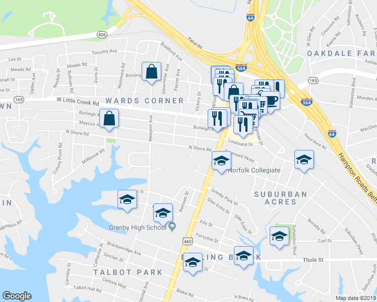 map of restaurants, bars, coffee shops, grocery stores, and more near 7351 Colonial Avenue in Norfolk