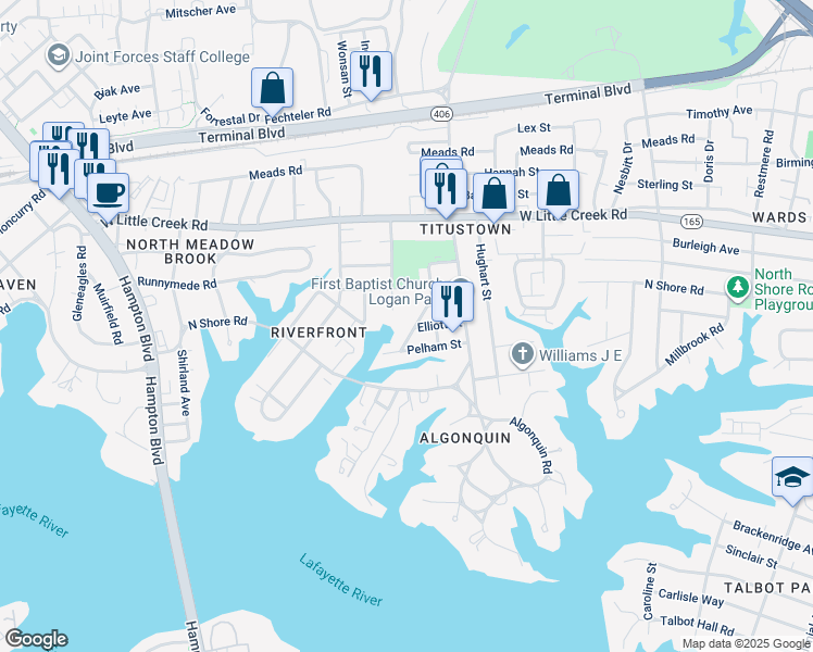 map of restaurants, bars, coffee shops, grocery stores, and more near 7451 Dakota Street in Norfolk