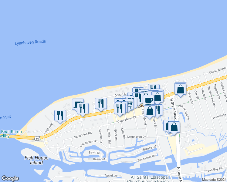 map of restaurants, bars, coffee shops, grocery stores, and more near 2428 Ocean Shore Crescent in Virginia Beach