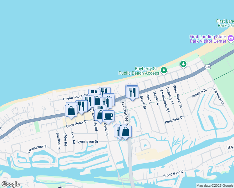 map of restaurants, bars, coffee shops, grocery stores, and more near 2317 Mariners Mark Way in Virginia Beach