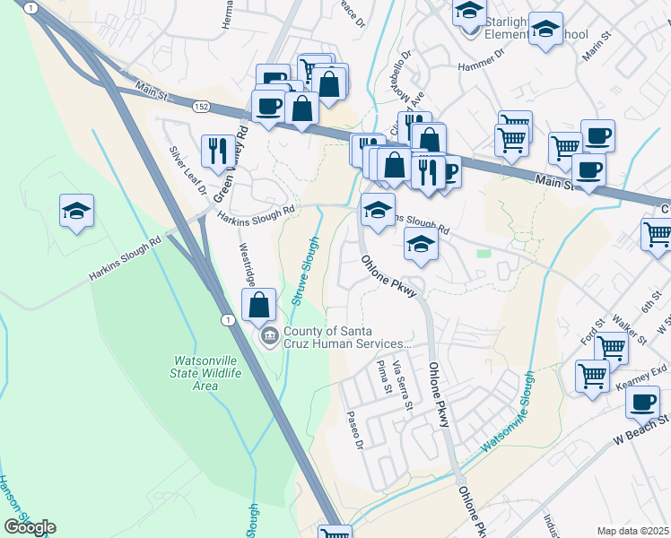 map of restaurants, bars, coffee shops, grocery stores, and more near 41 Pelican Drive in Watsonville