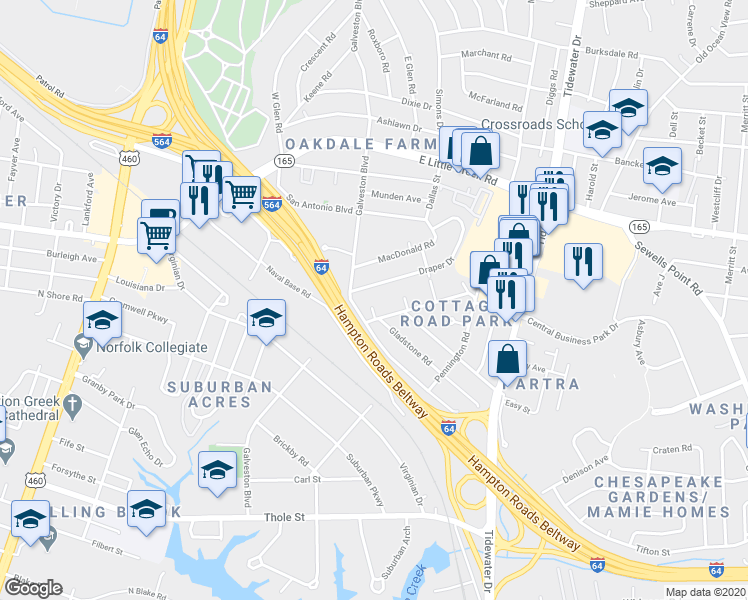 map of restaurants, bars, coffee shops, grocery stores, and more near 416 Buxby Court in Norfolk