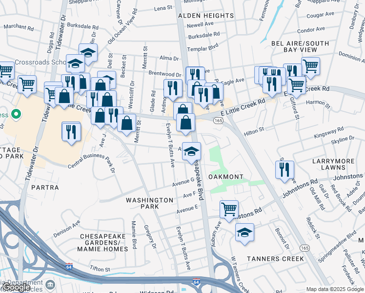 map of restaurants, bars, coffee shops, grocery stores, and more near 970 Avenue I in Norfolk