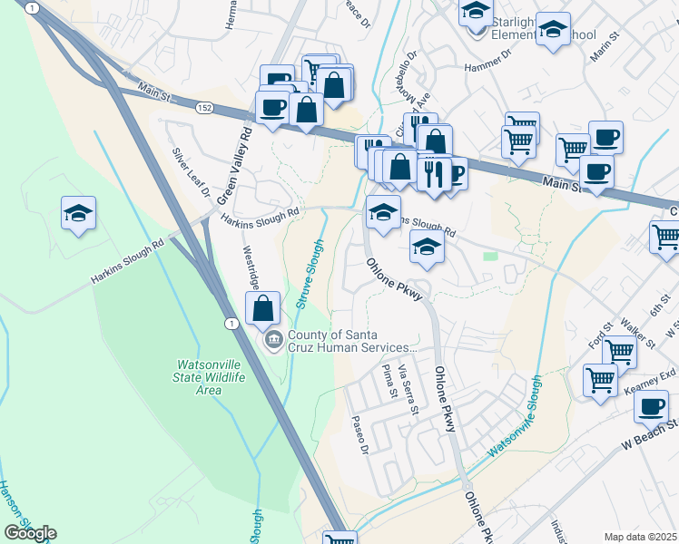 map of restaurants, bars, coffee shops, grocery stores, and more near 41 Pelican Drive in Watsonville