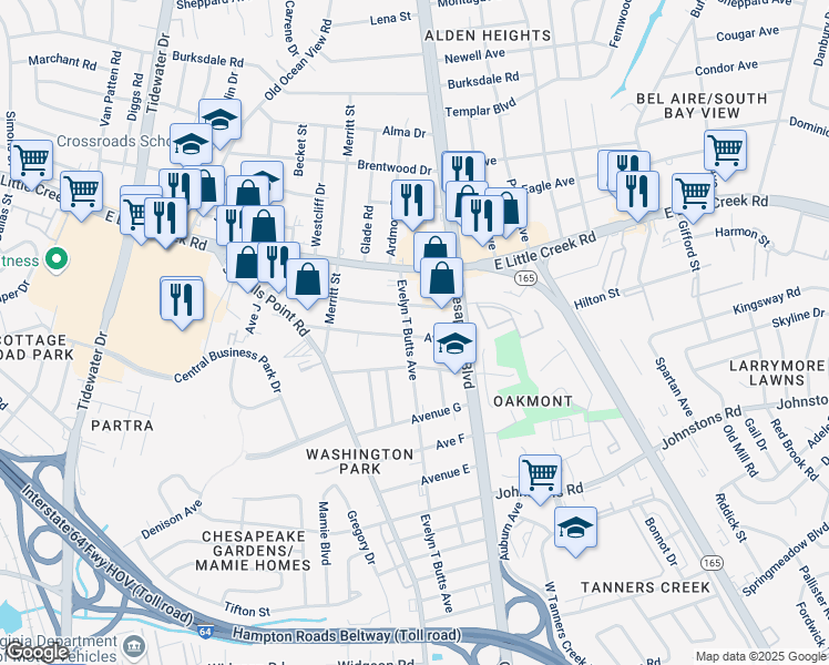 map of restaurants, bars, coffee shops, grocery stores, and more near 7600 Evelyn T Butts Avenue in Norfolk