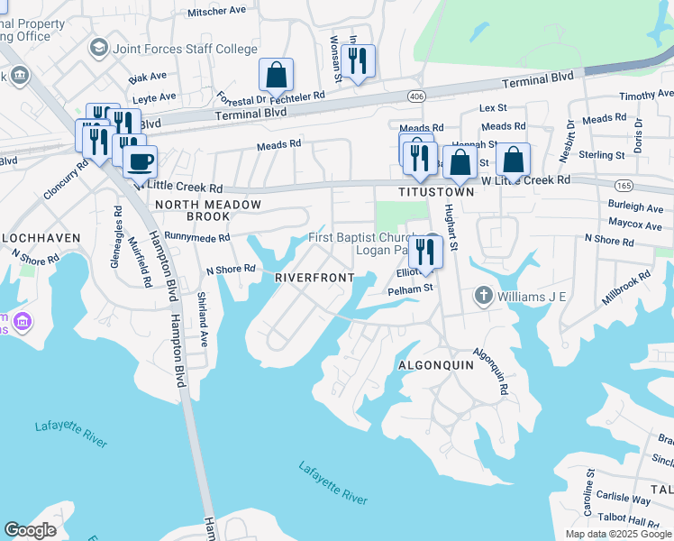map of restaurants, bars, coffee shops, grocery stores, and more near 7433 Glenroie Avenue in Norfolk