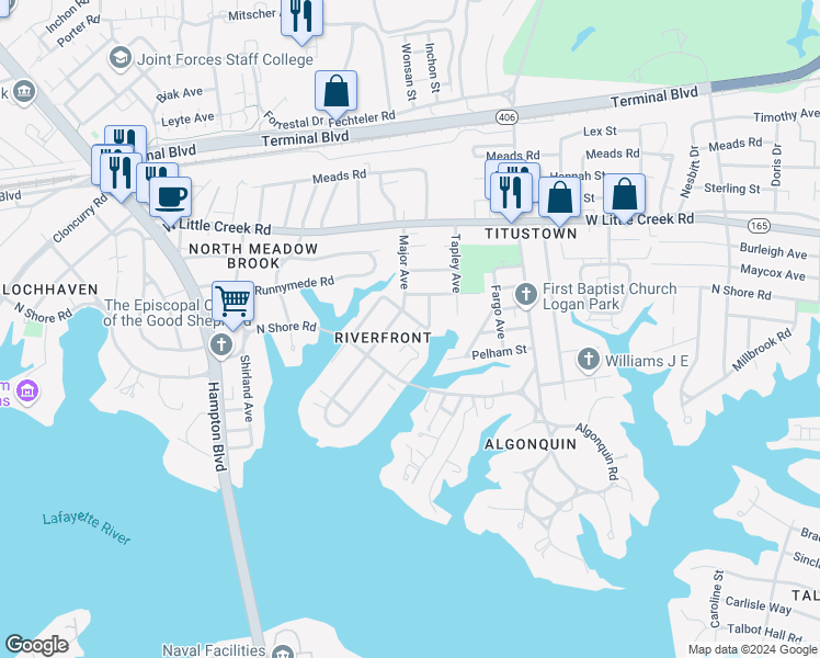 map of restaurants, bars, coffee shops, grocery stores, and more near 7433 Glenroie Avenue in Norfolk
