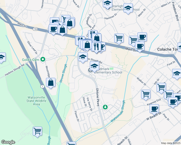 map of restaurants, bars, coffee shops, grocery stores, and more near 235 Ohlone Parkway in Watsonville