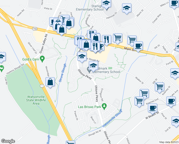 map of restaurants, bars, coffee shops, grocery stores, and more near 235 Ohlone Parkway in Watsonville
